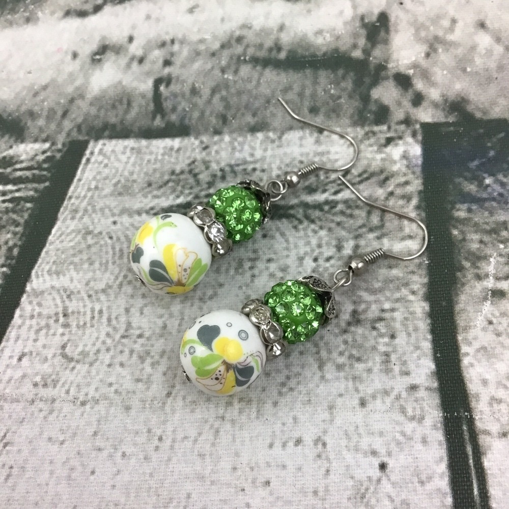 Rhinestone Floral Drop Dangle Earings Green Sparkle Shimmer Costume Jewelry